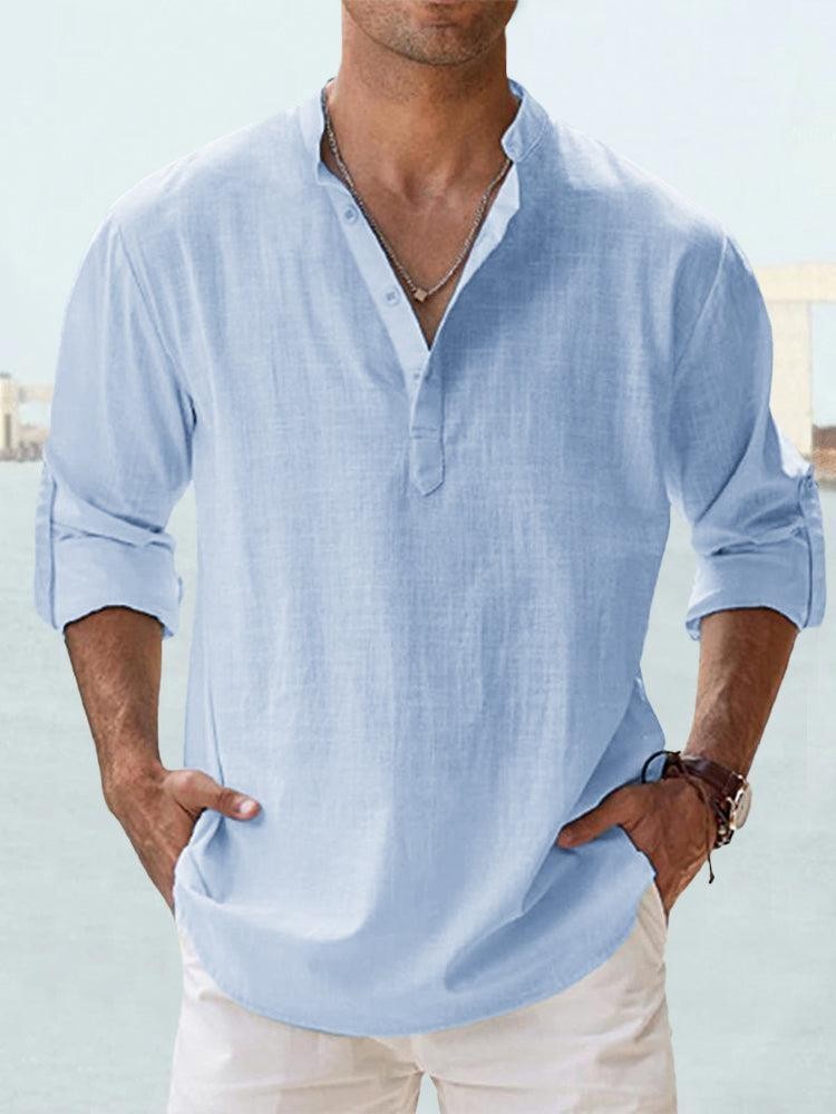 Men's casual tunic shirt with long sleeves for leisure and vacation