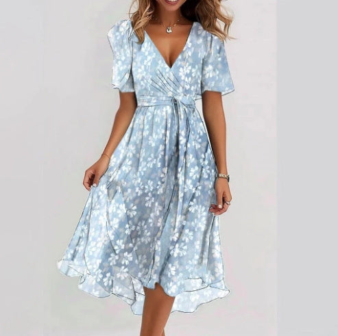 Women's wrap dress with floral pattern and elegant chiffon look