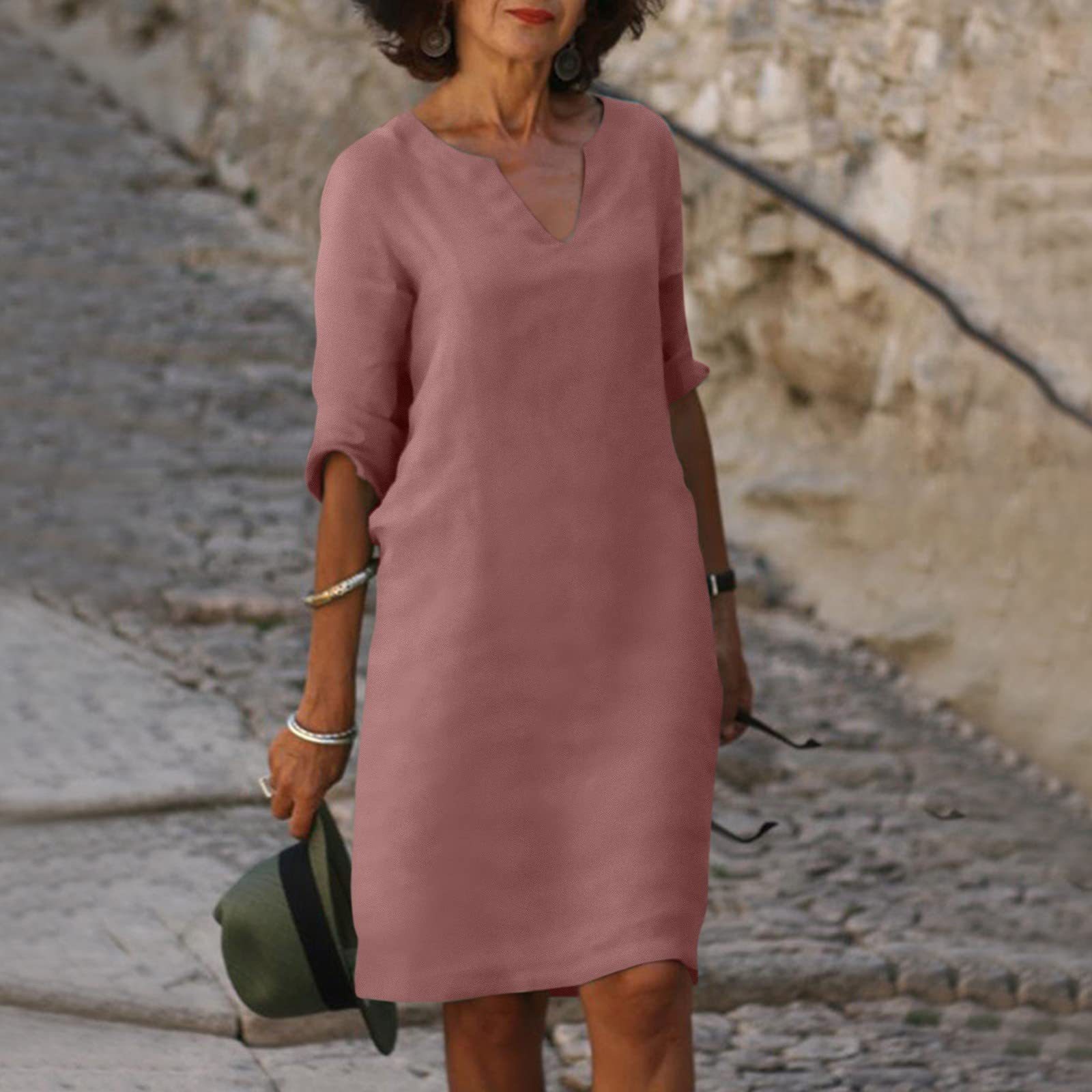 Women's casual dress with V-neck and 3/4 sleeves – Comfortable and stylish for daily use