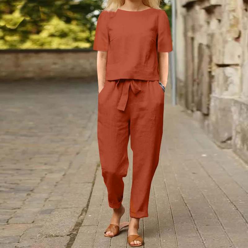 Women's Two-Piece Set with Pants – Minimalist Casual Outfit for Summer and Leisure Time