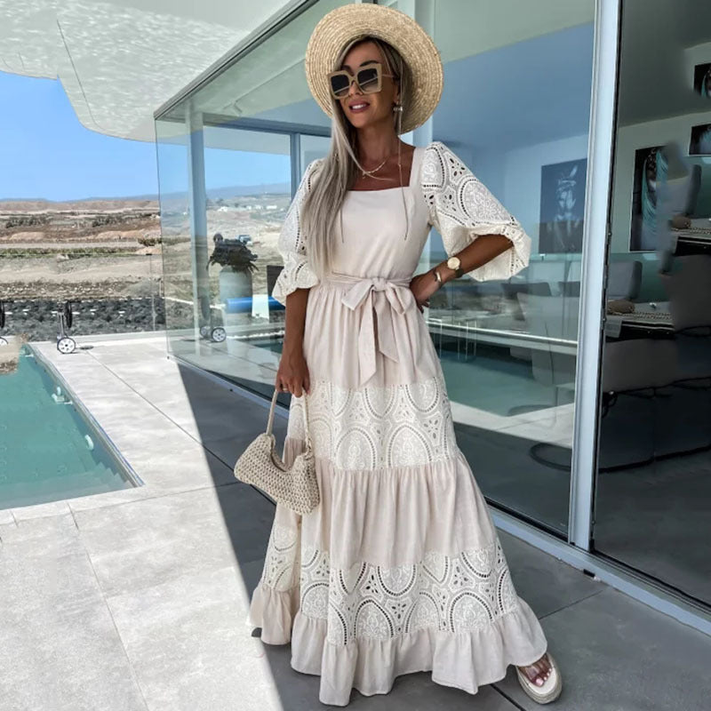 Victoria – Airy Women's Linen-look Summer Dress with Loose Fit and Tie at the Waist