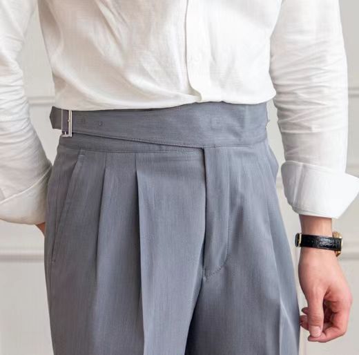 Men's High Waist Pleated Trousers – Classic Pants with Adjustable Band