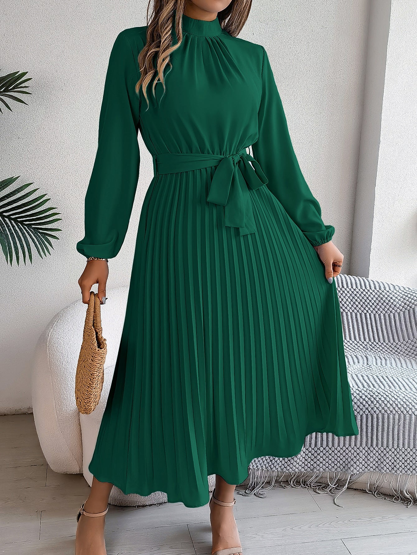 Women's Elegant Pleated Midi Dress with Bow Belt – Timeless Look for Work or Party
