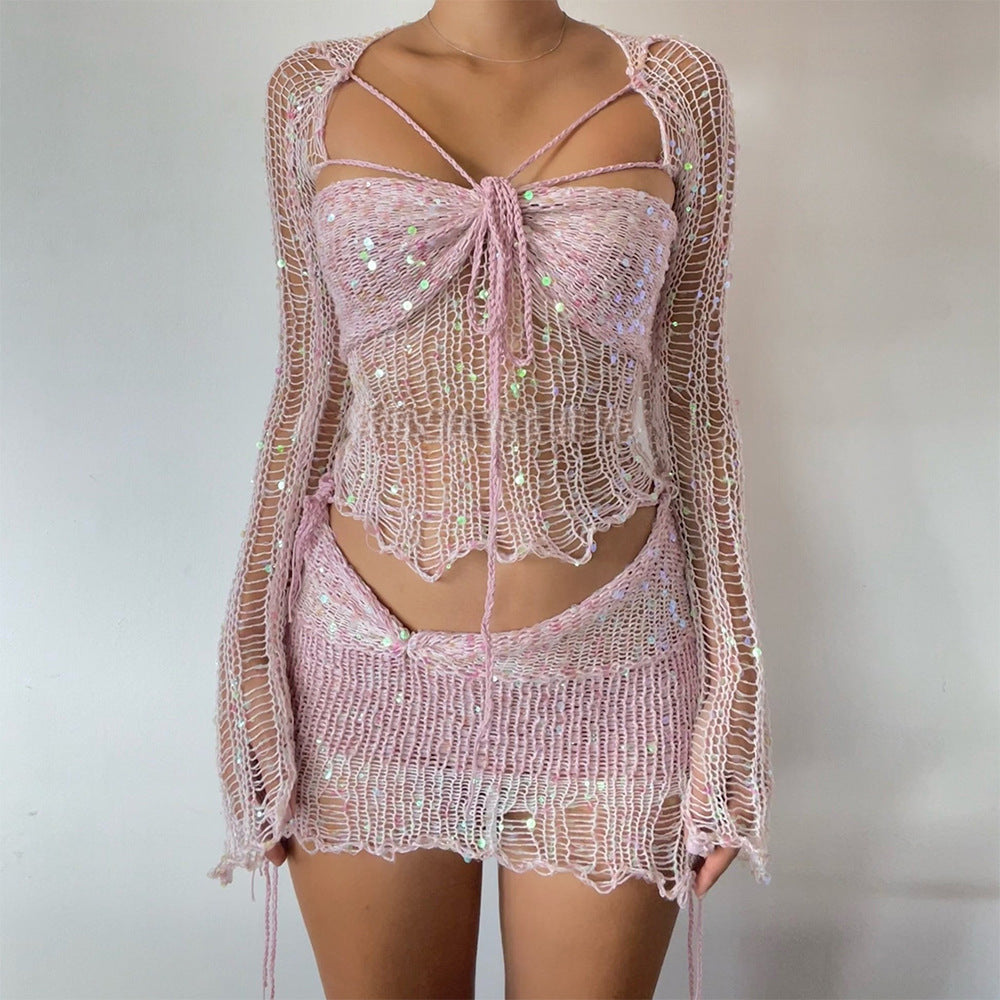 Women's fashionable 2-piece set with glitter accents and mesh effect