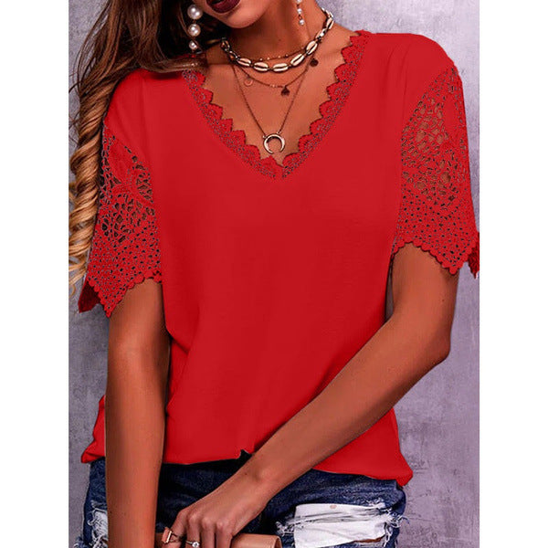 Women's Top with Lace Details – Elegant Summer Blouse with V-Neck