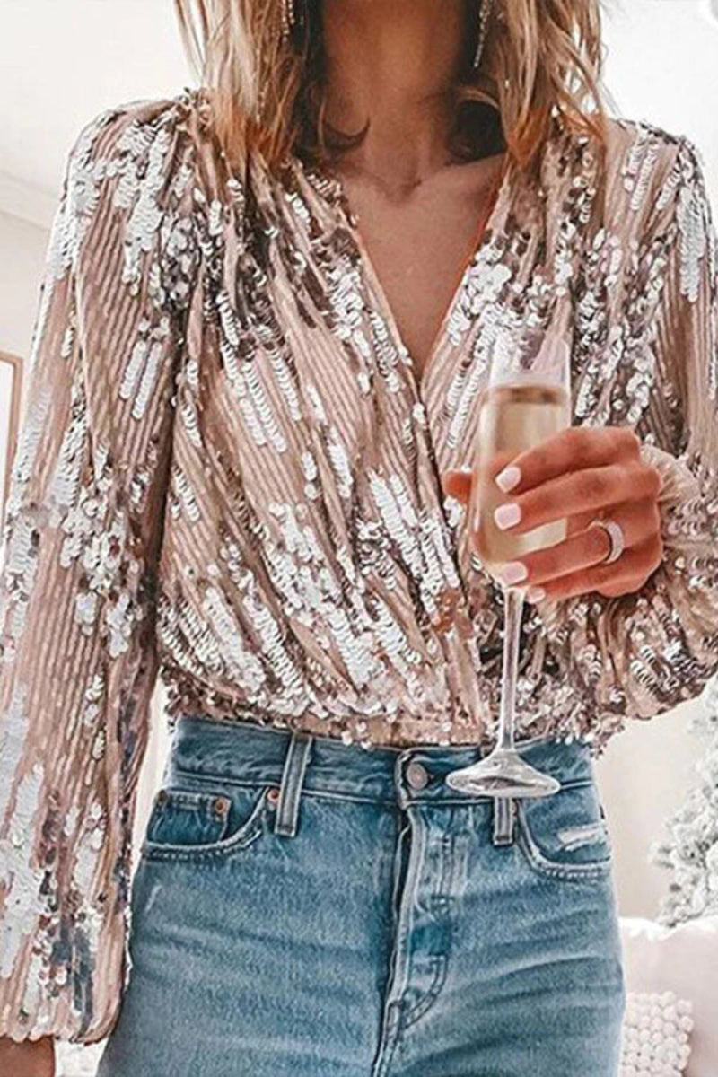 Ladies Sequin Blouse Luxury Party Chic Slim Fit V-Neck Top