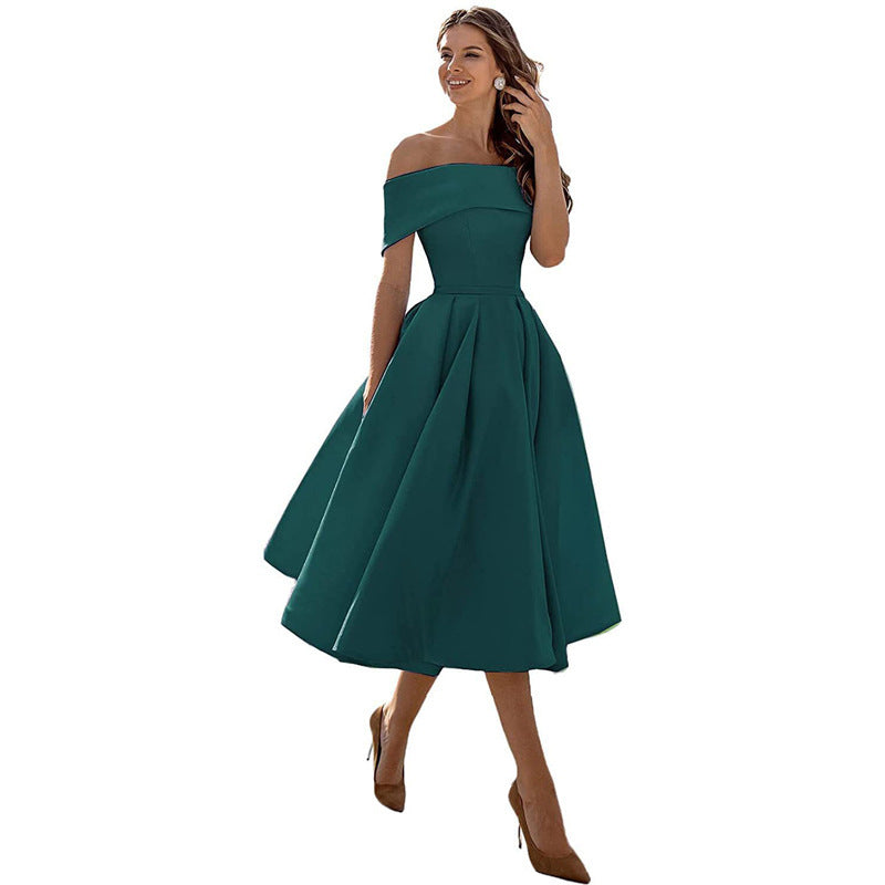 Ladies Off-Shoulder Cocktail Dress with Elegant Pleated Skirt