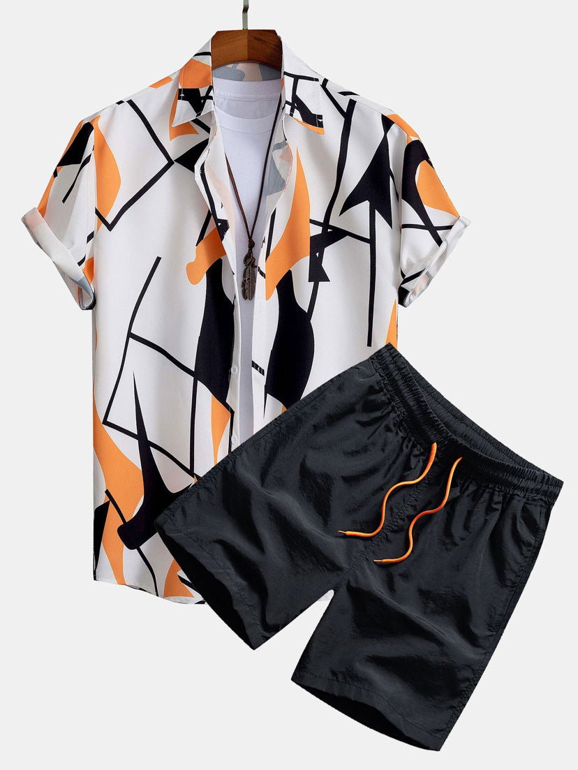 Men's Summer Set – Trendy Abstract Shirt and Shorts – Casual Style for Vacation and Leisure Time