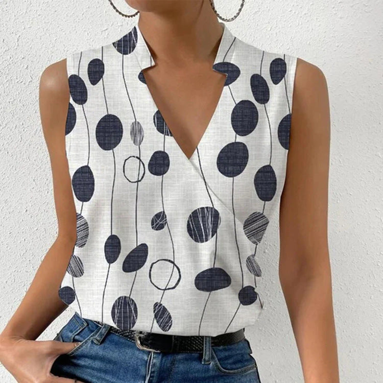 Amelia – Summer Sleeveless V-neck T-shirt with Print