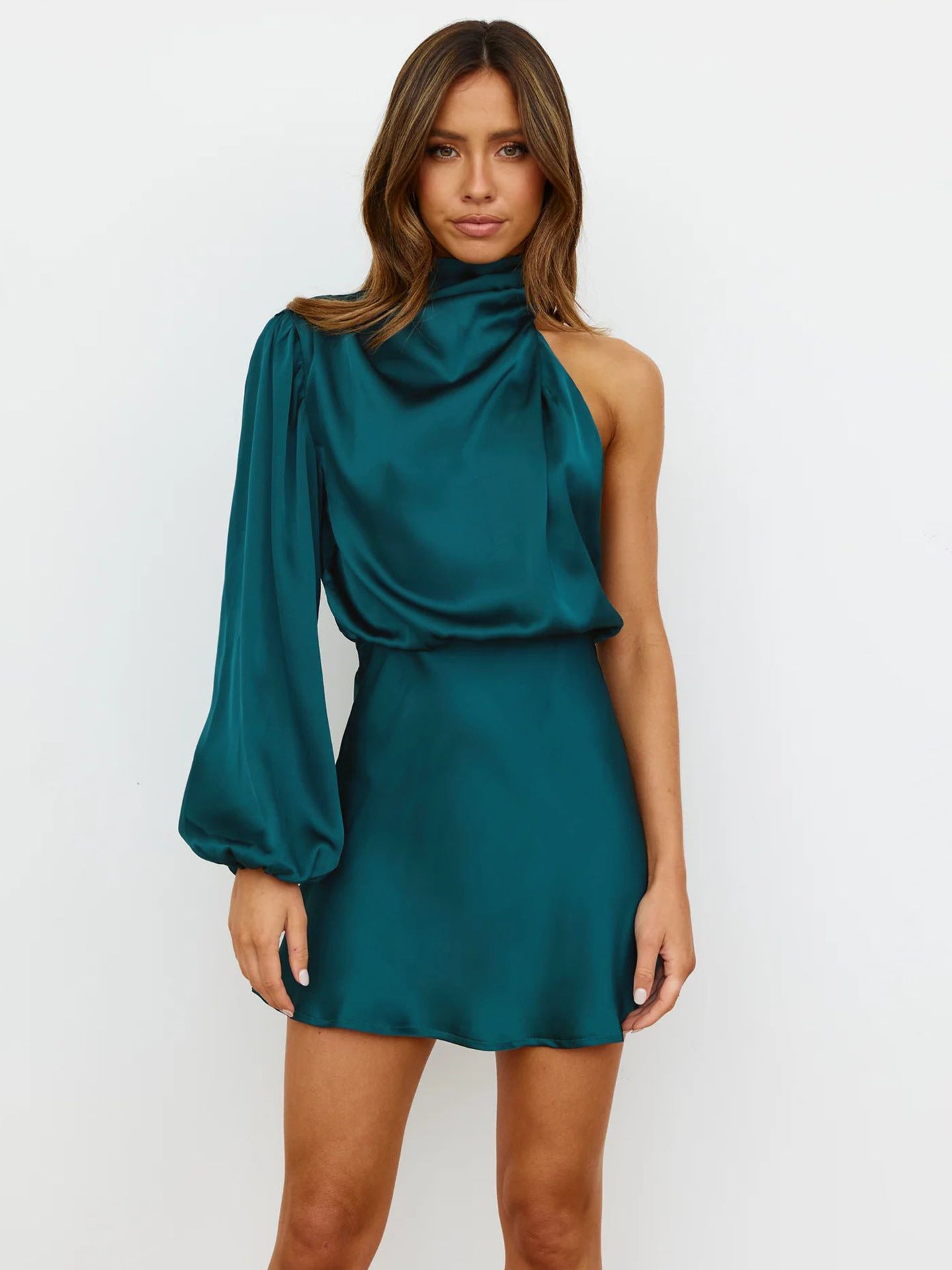 Satin asymmetrical one-shoulder women's cocktail dress – women's gala dress for party and evening