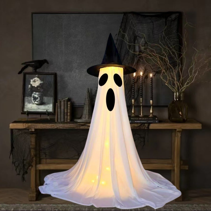 Halloween Decoration Ghost with Hat - Illuminated Ornaments for Party, Atmospheric Decoration and Trick-or-Treat