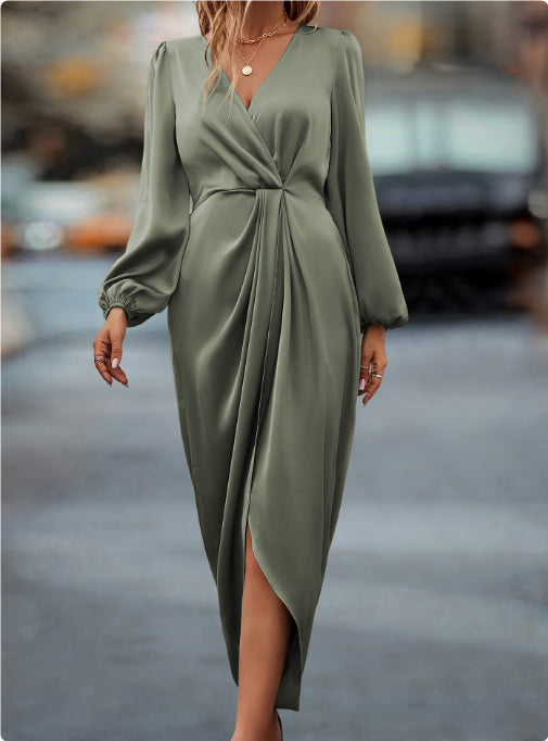 Women's Elegant Midi Dress with Wrap and Long Sleeves – Perfect for Evening and Business Use