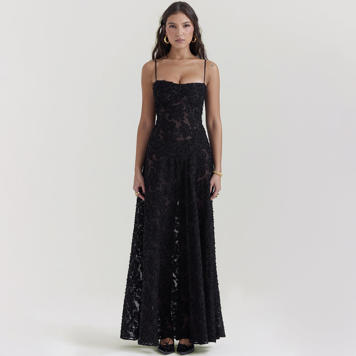 Ladies Elegant Evening Dress with Lace – Long Gala Dress with Spaghetti Straps