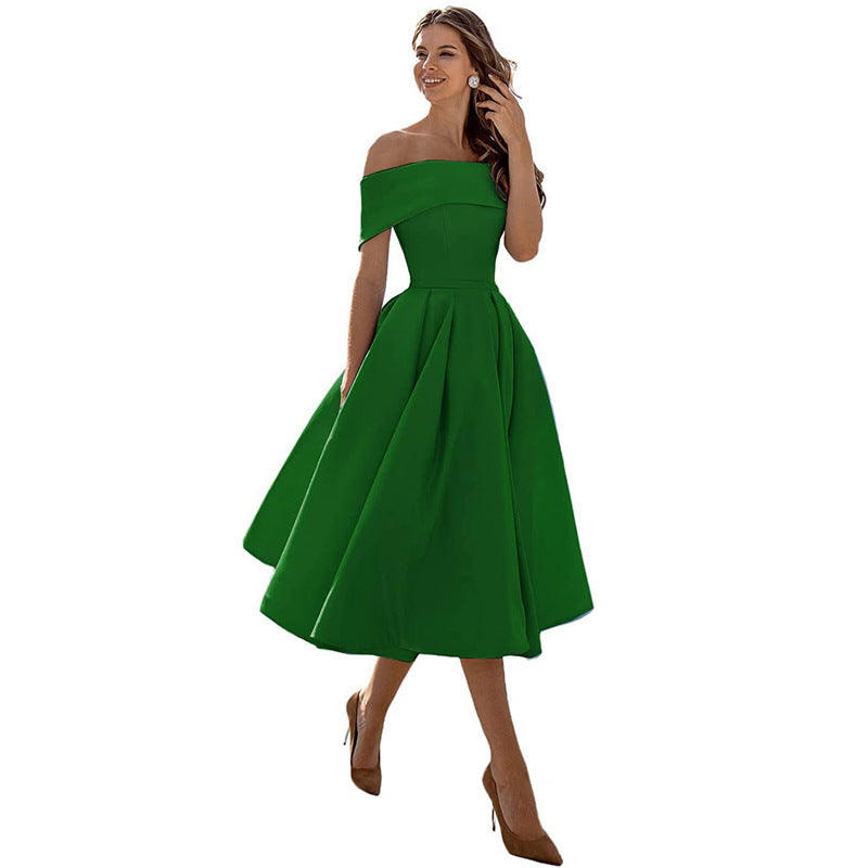 Ladies Off-Shoulder Cocktail Dress with Elegant Pleated Skirt