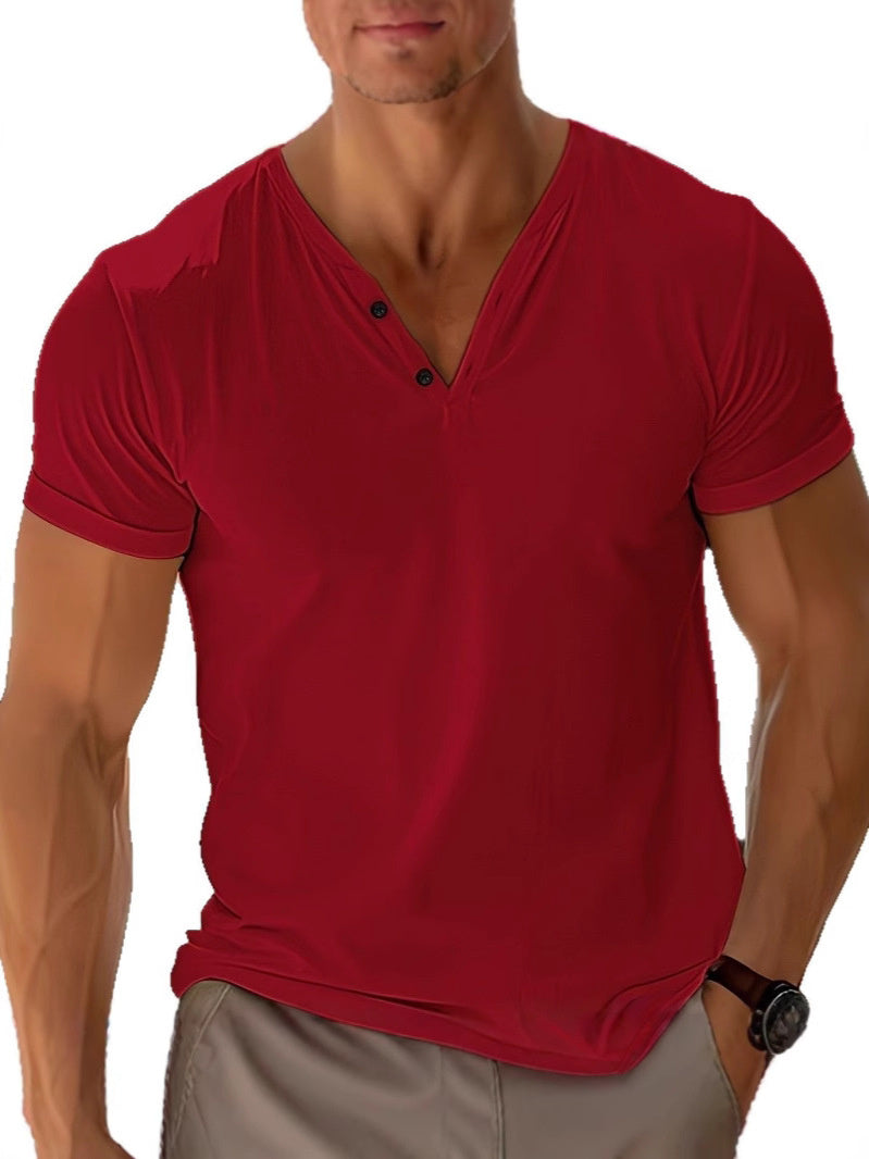 Men's Casual Short Sleeve V-Neck T-Shirt with Button Detail – Stylish and Comfortable