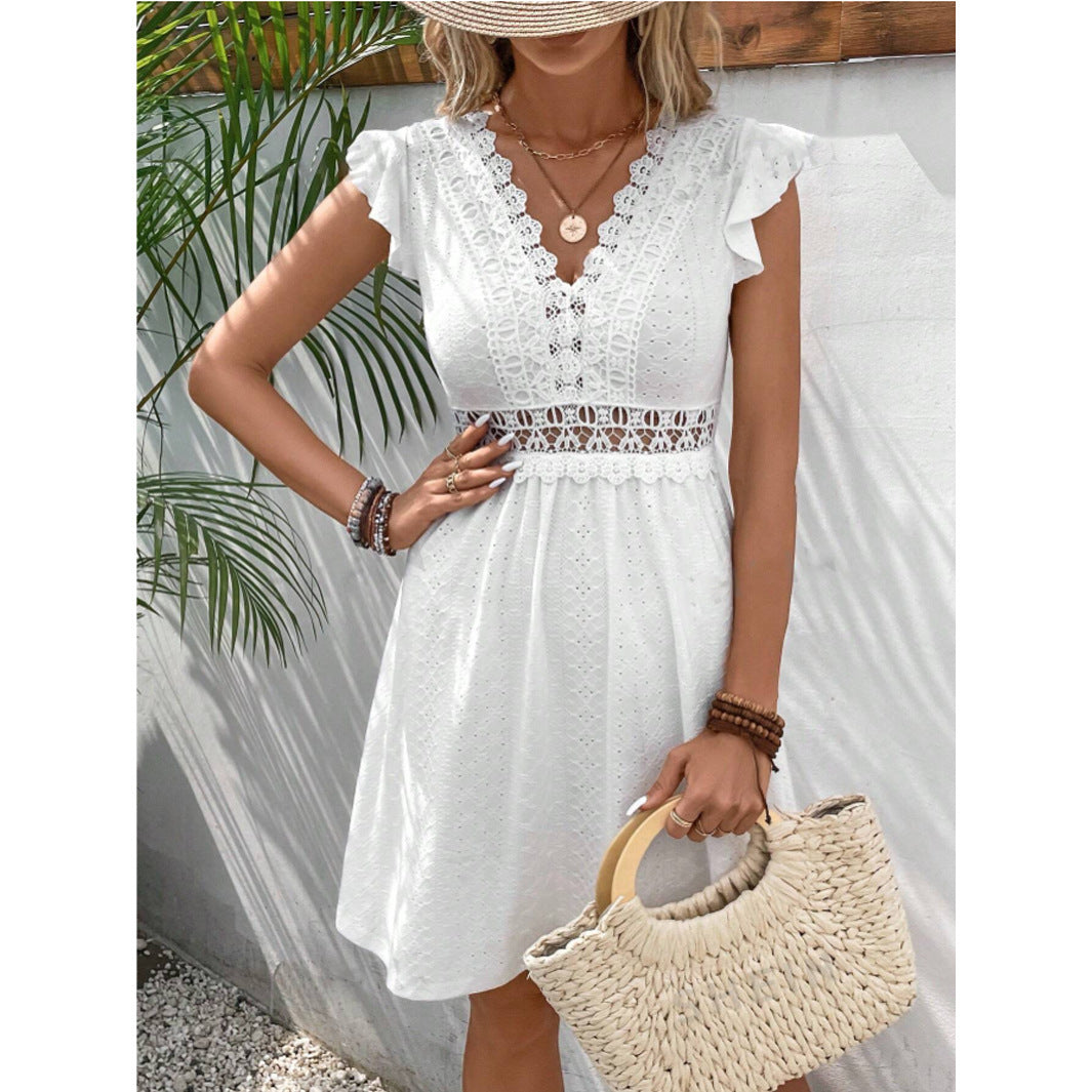 Elizabeth – Knitted Jacquard Dress with See-through Lace and Butterfly Sleeves