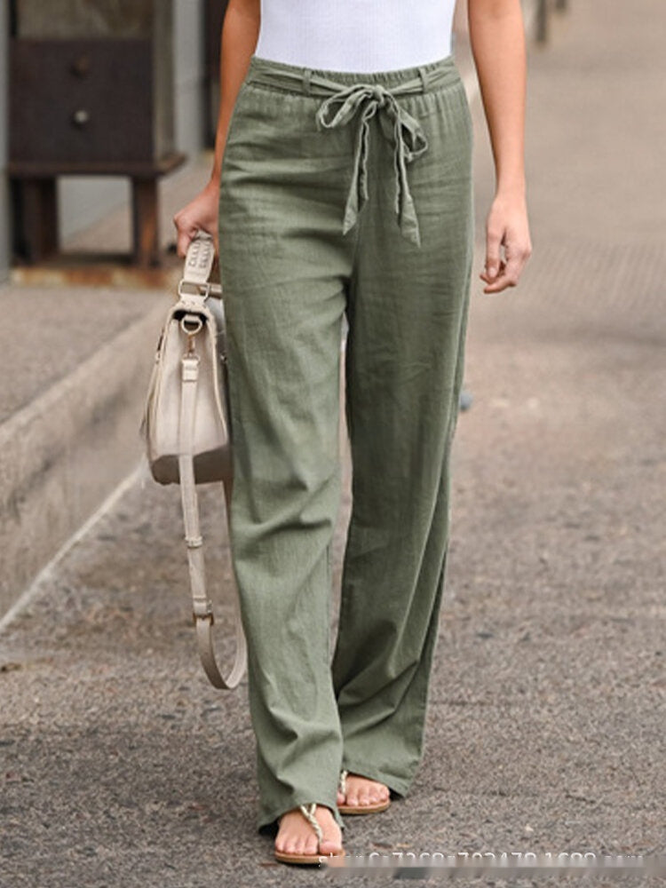 Women's Loose-Fitting Pants with Tie Closure – Comfortable Casual Trousers with High Waist