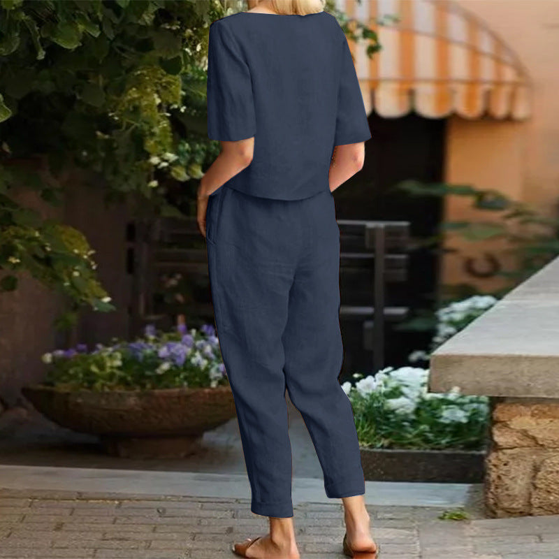 Women's Two-Piece Set with Pants – Minimalist Casual Outfit for Summer and Leisure Time