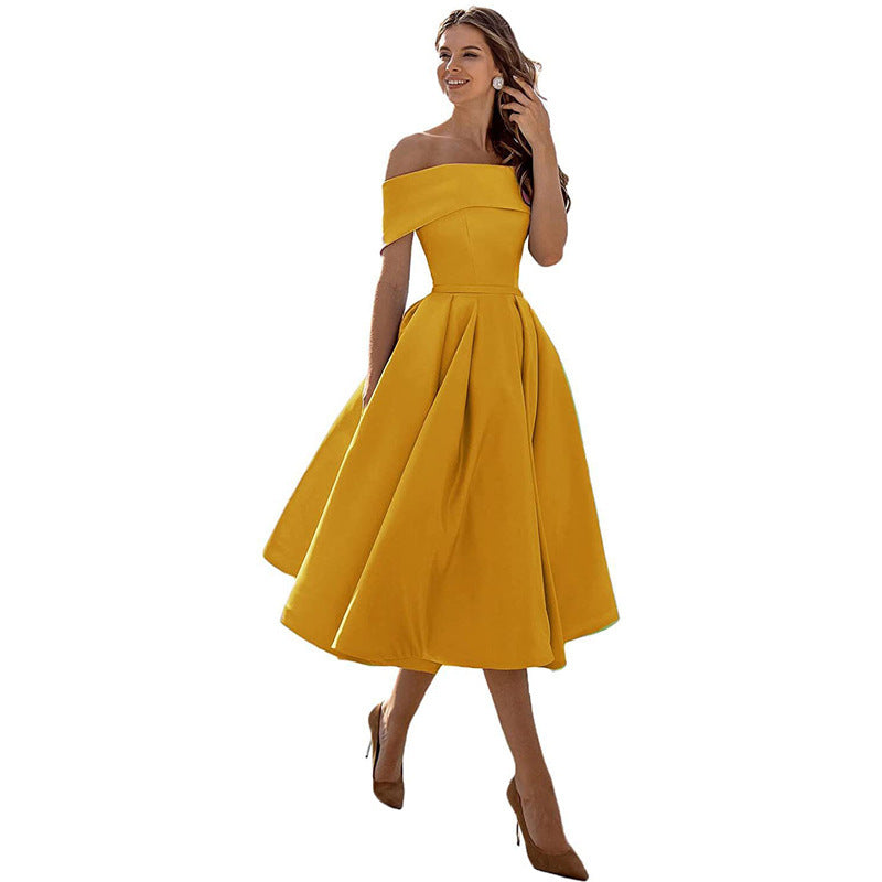 Ladies Off-Shoulder Cocktail Dress with Elegant Pleated Skirt
