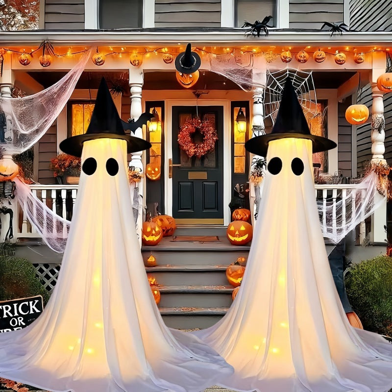 Halloween Decoration Ghost with Hat - Illuminated Ornaments for Party, Atmospheric Decoration and Trick-or-Treat