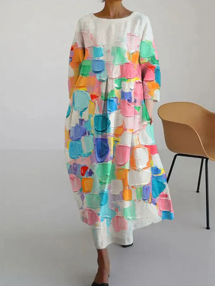 Bohemian Ladies Summer Dress with Loose Fit and 3D Floral Print in Linen Look