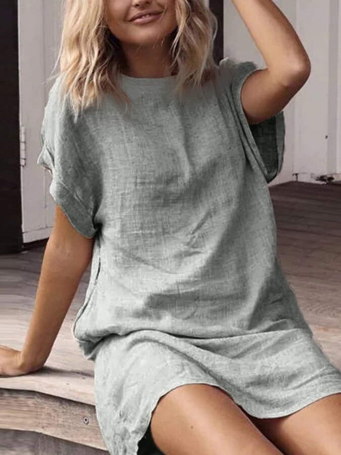 Women's Blouse Dress – Casual T-shirt Dress for Summer – Boho Ibiza Midi Dress with Short Sleeves