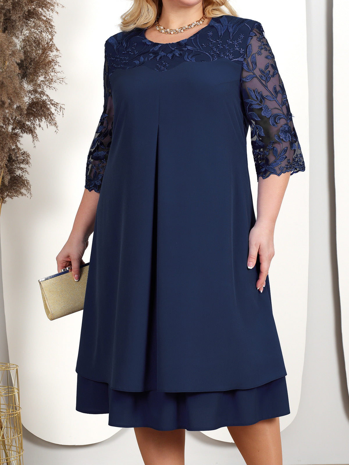 Joan – Embroidered Chiffon Patchwork Dress with Mid-Length Sleeves