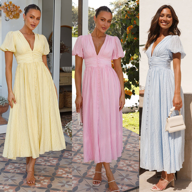 Women's Summer Midi Dress with Button Closure and Puff Sleeves – Elegant Casual Look