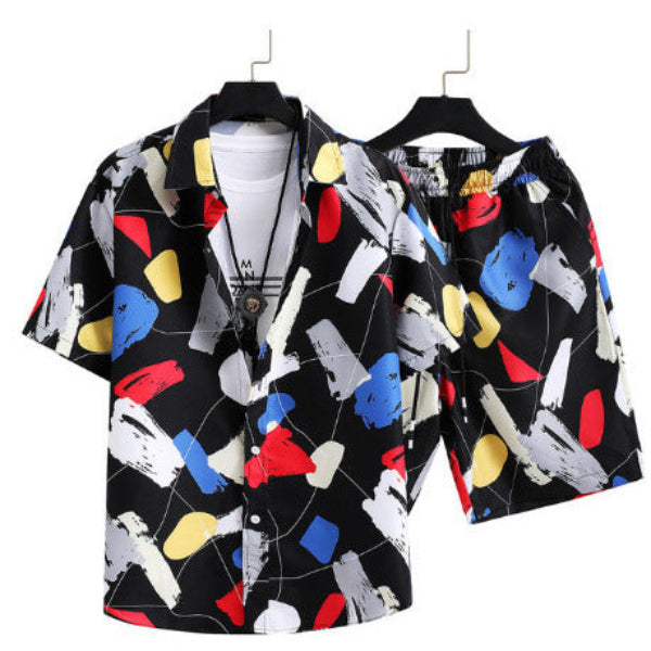 Men's Summer Set – Trendy Abstract Shirt and Shorts – Casual Style for Vacation and Leisure Time