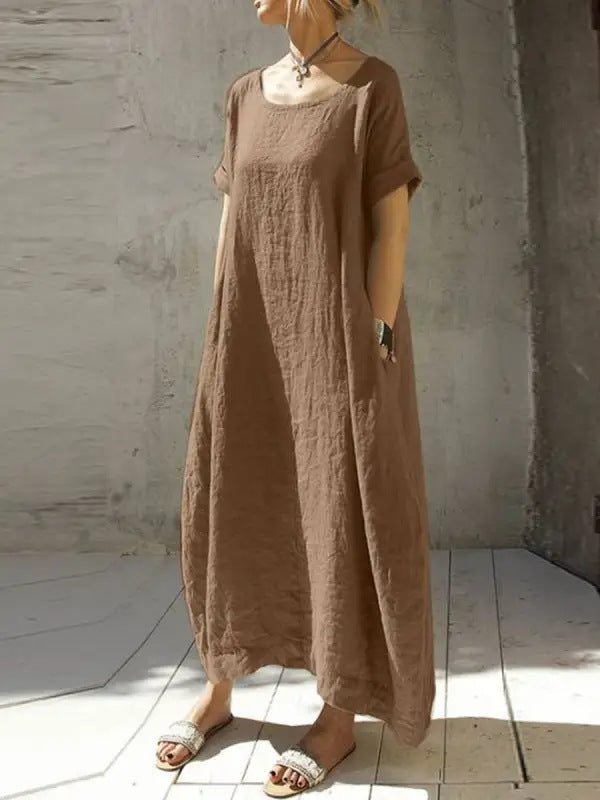 Linda – Cotton and Linen Dress with Round Neck and Short Sleeves