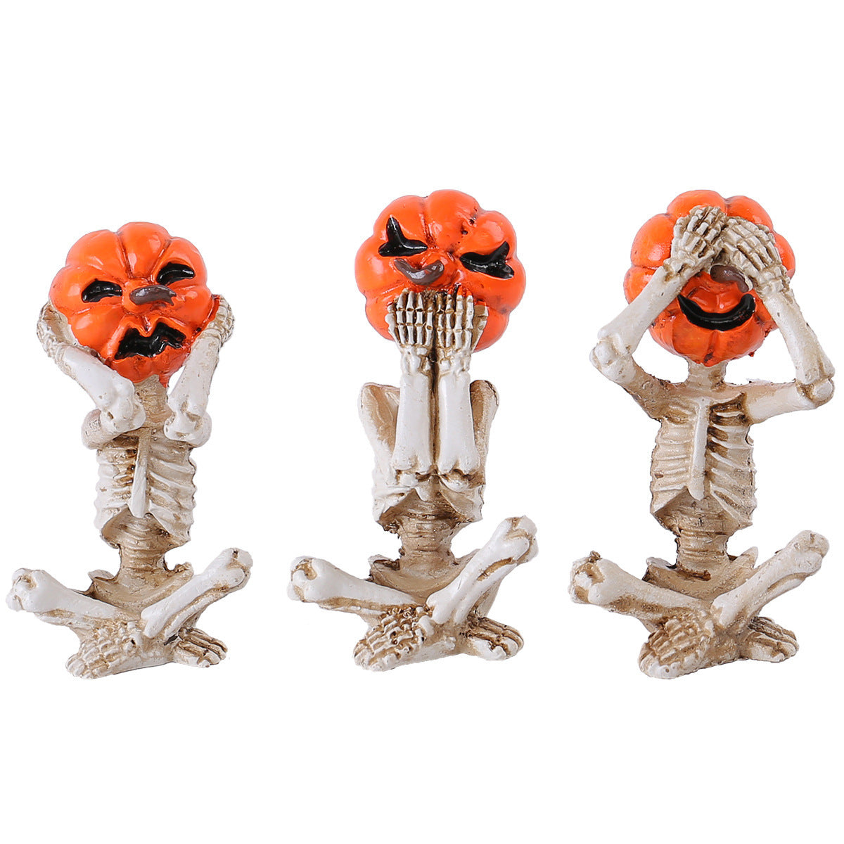 Halloween Decoration Set – Three Talking Pumpkin Skeleton Figurines for Party and Atmospheric Decoration