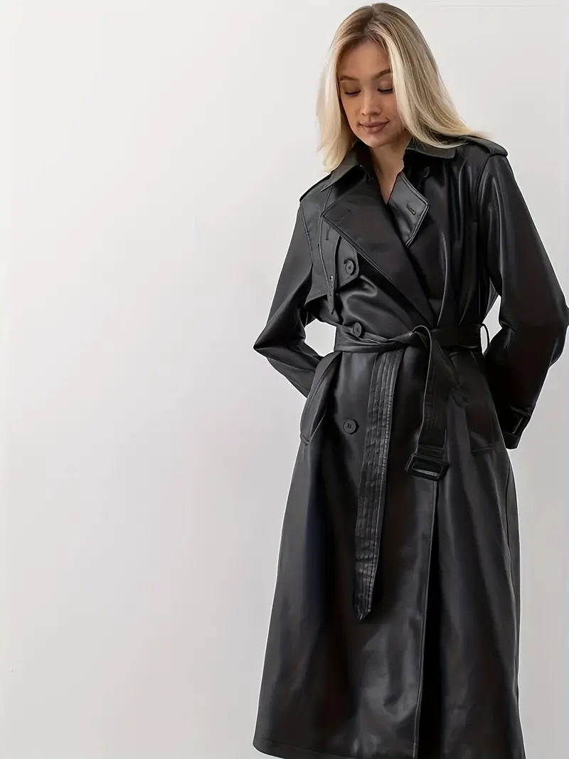 Women's Long Trench Coat – Fashionable Leather Jacket with Belt and Double Closure