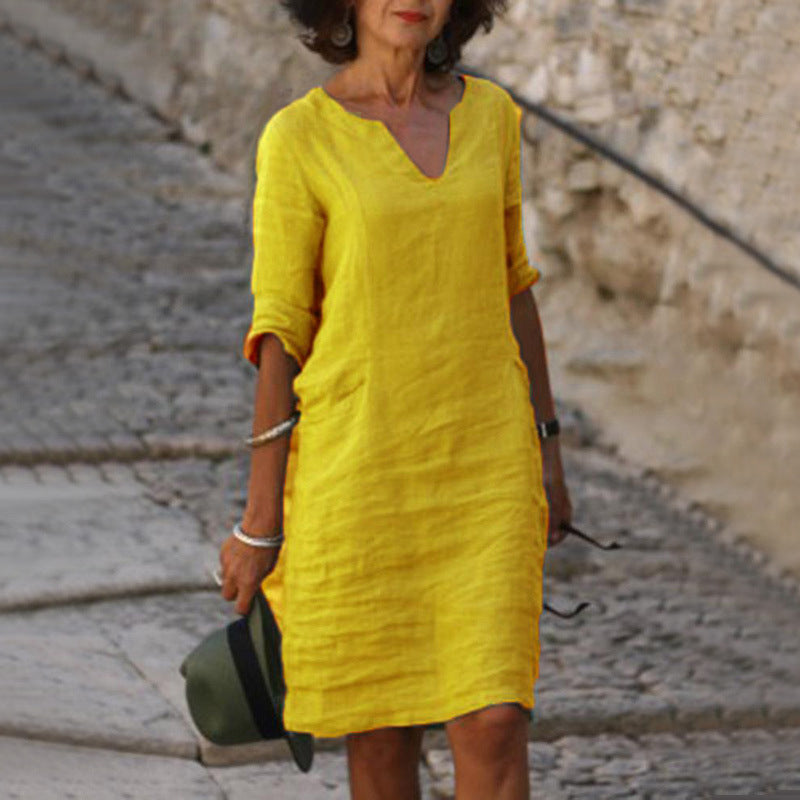Women's casual dress with V-neck and 3/4 sleeves – Comfortable and stylish for daily use