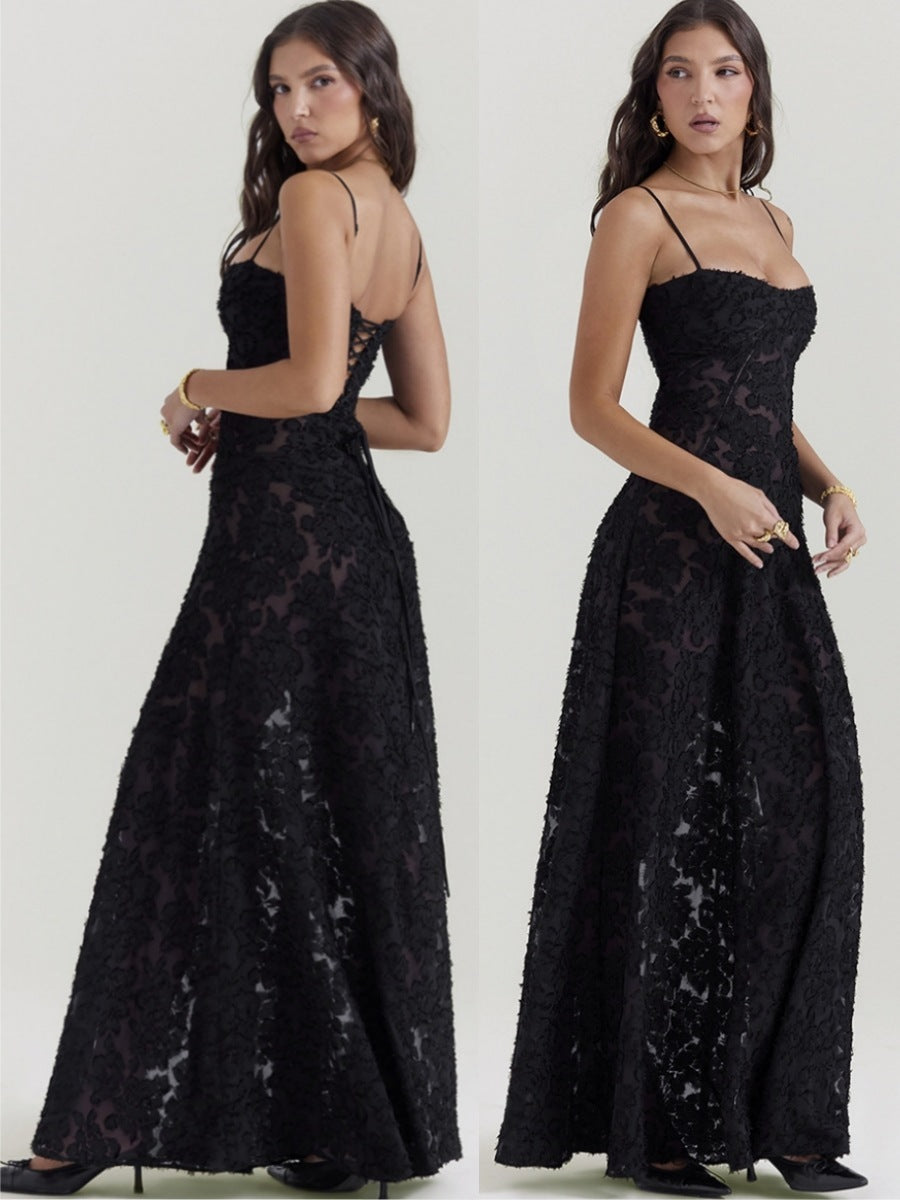 Ladies Elegant Evening Dress with Lace – Long Gala Dress with Spaghetti Straps