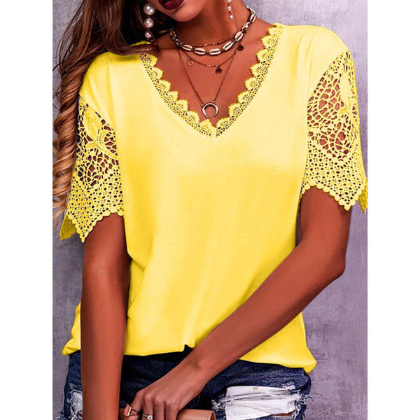 Women's Top with Lace Details – Elegant Summer Blouse with V-Neck