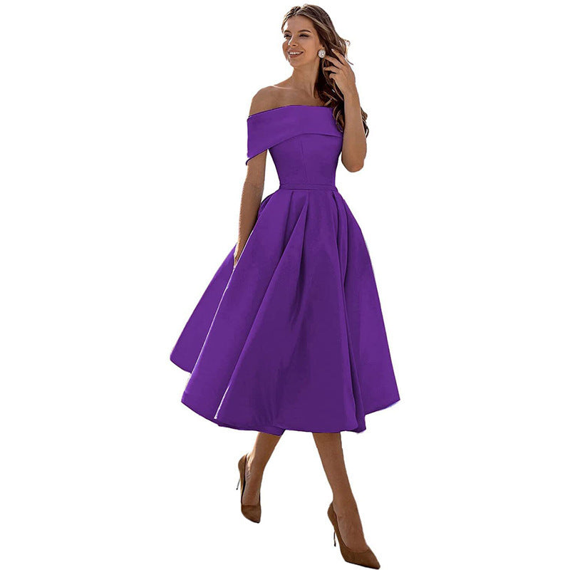 Ladies Off-Shoulder Cocktail Dress with Elegant Pleated Skirt