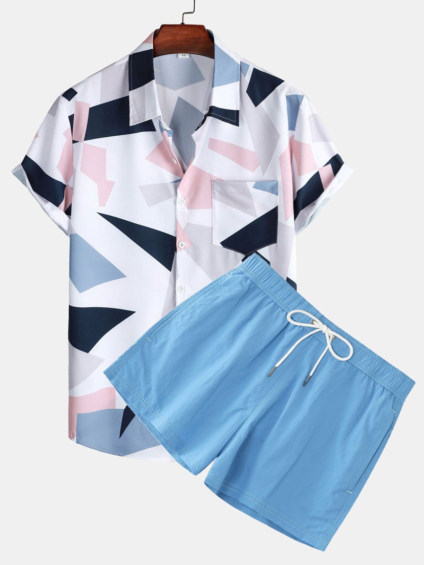 Men's Summer Set – Trendy Abstract Shirt and Shorts – Casual Style for Vacation and Leisure Time