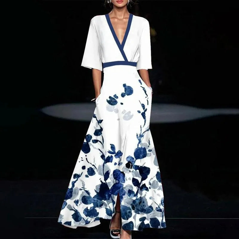 Women's Elegant Jumpsuit with Floral Print – V-Neck & Wide Legs for Summer Chic
