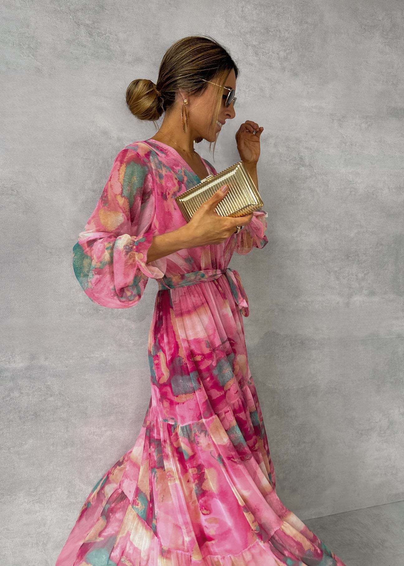 Gillian – Elegant Chiffon Dress with Drawstring and Patchwork