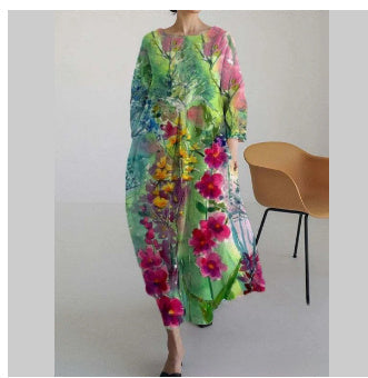 Bohemian Ladies Summer Dress with Loose Fit and 3D Floral Print in Linen Look
