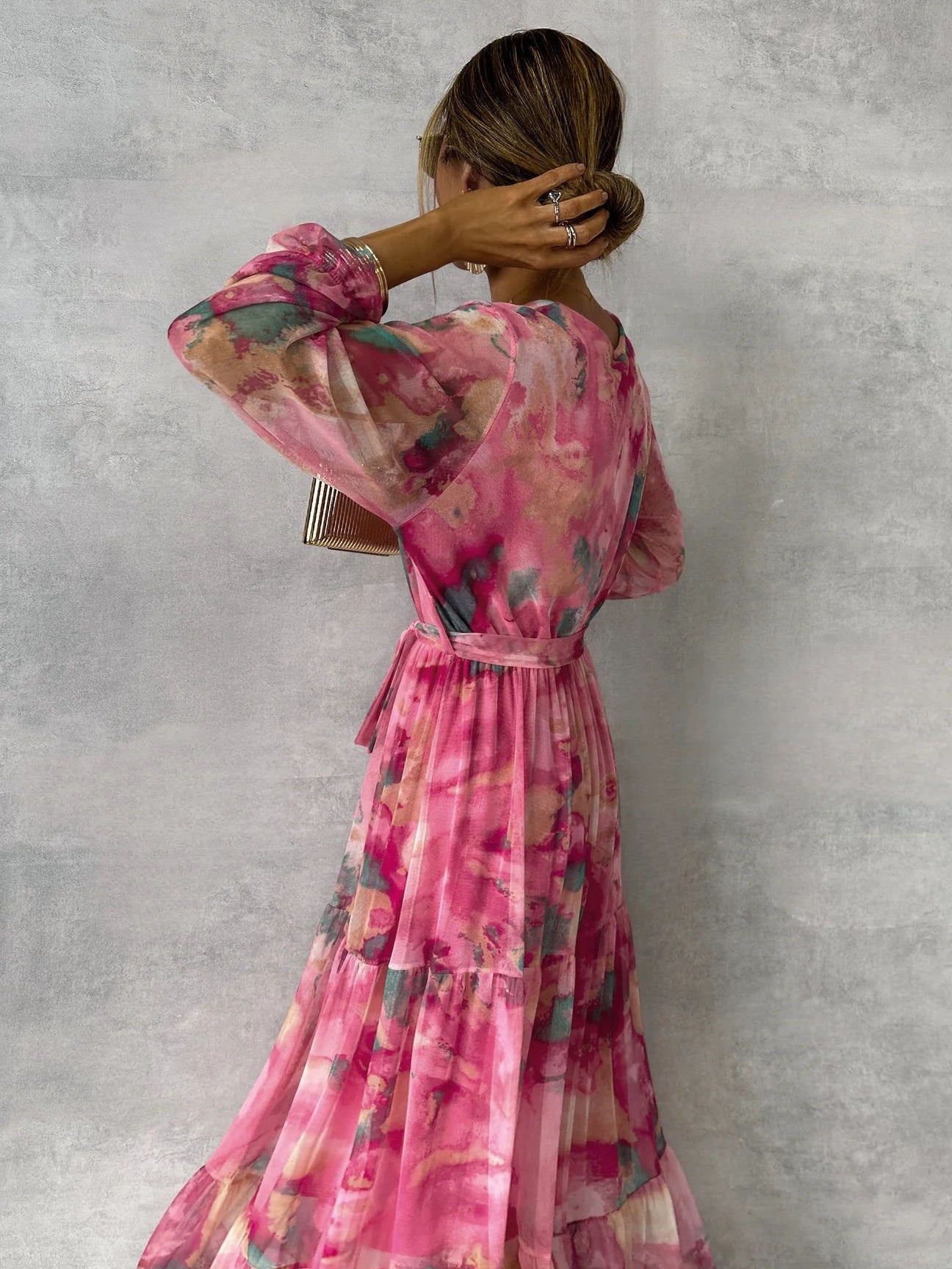 Gillian – Elegant Chiffon Dress with Drawstring and Patchwork