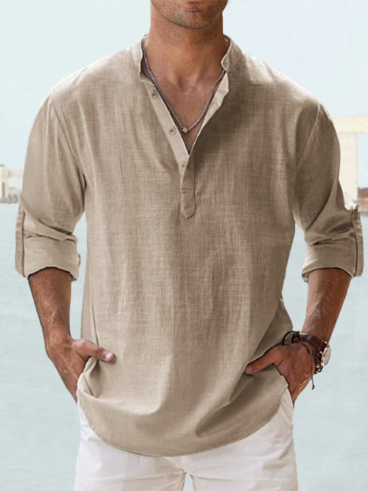 Men's casual tunic shirt with long sleeves for leisure and vacation