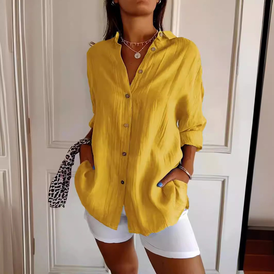 Women's blouse with long sleeves – loose-fitting button-down tunic top for daily use