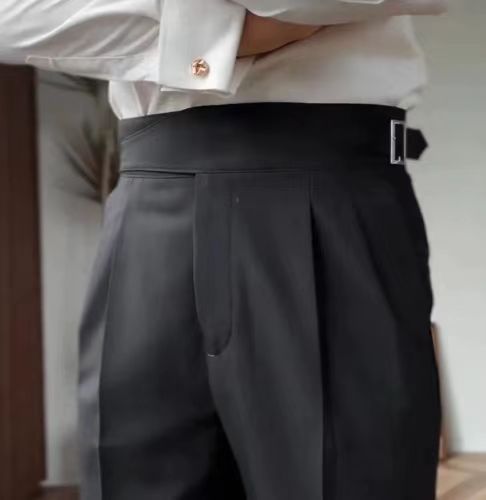 Men's High Waist Pleated Trousers – Classic Pants with Adjustable Band