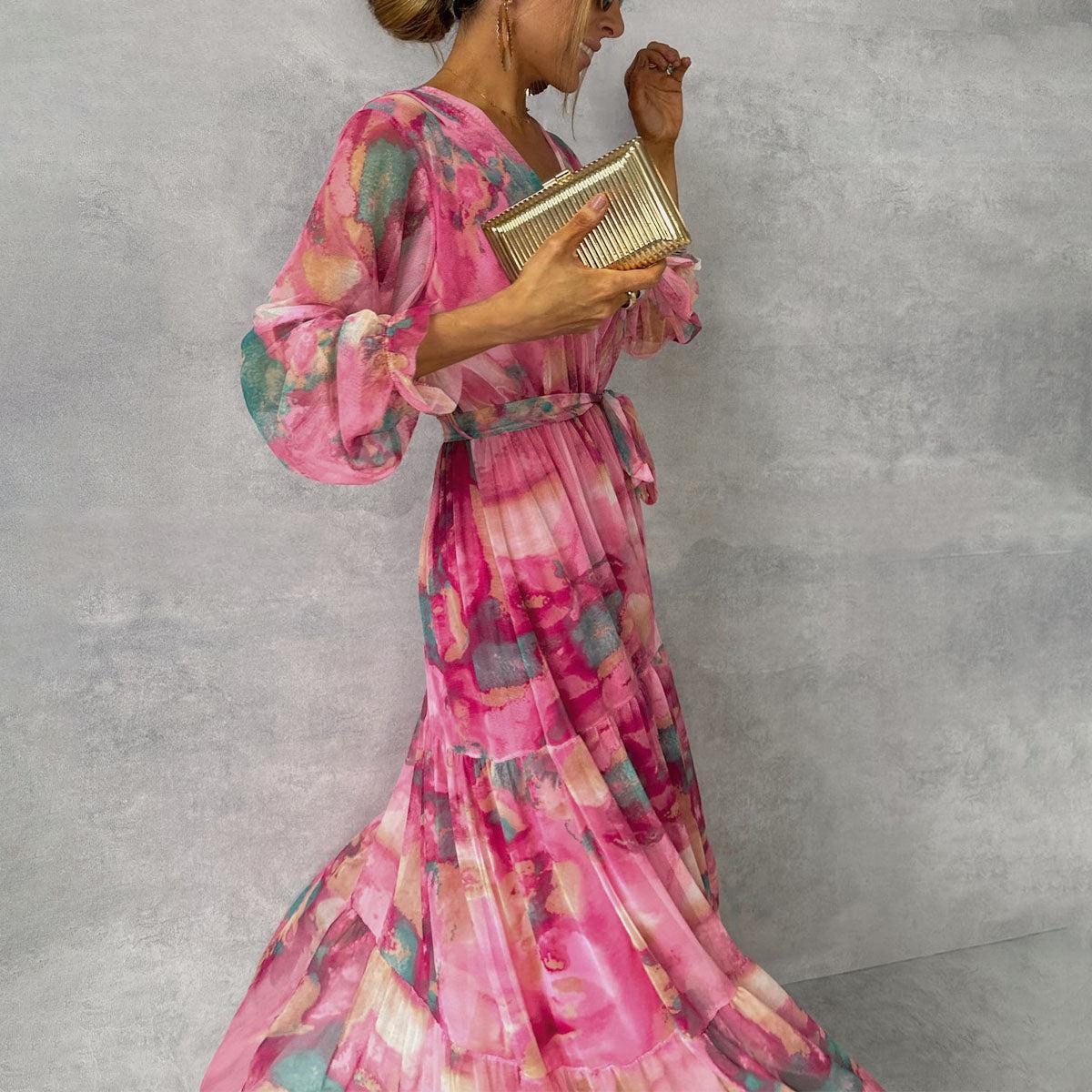 Gillian – Elegant Chiffon Dress with Drawstring and Patchwork