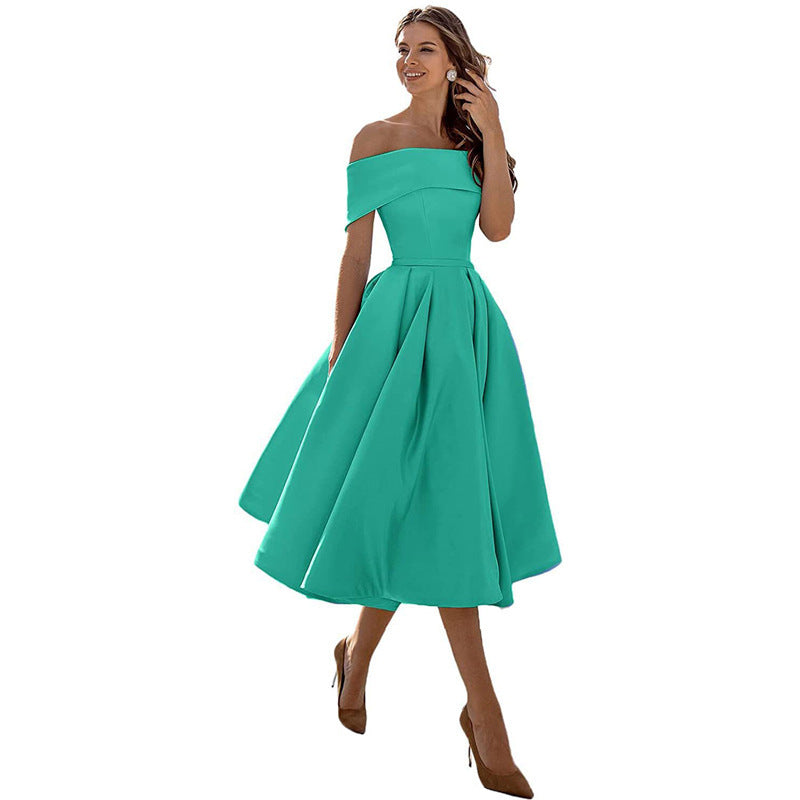 Ladies Off-Shoulder Cocktail Dress with Elegant Pleated Skirt