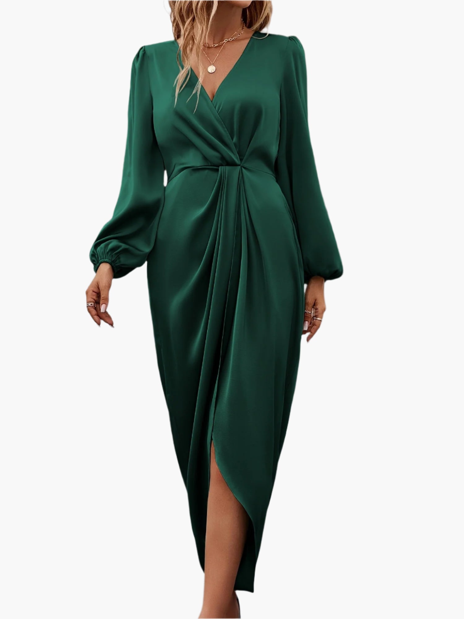 Chic ladies evening dress with long sleeves and elegant pleat detail