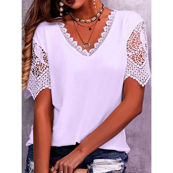 Women's Top with Lace Details – Elegant Summer Blouse with V-Neck