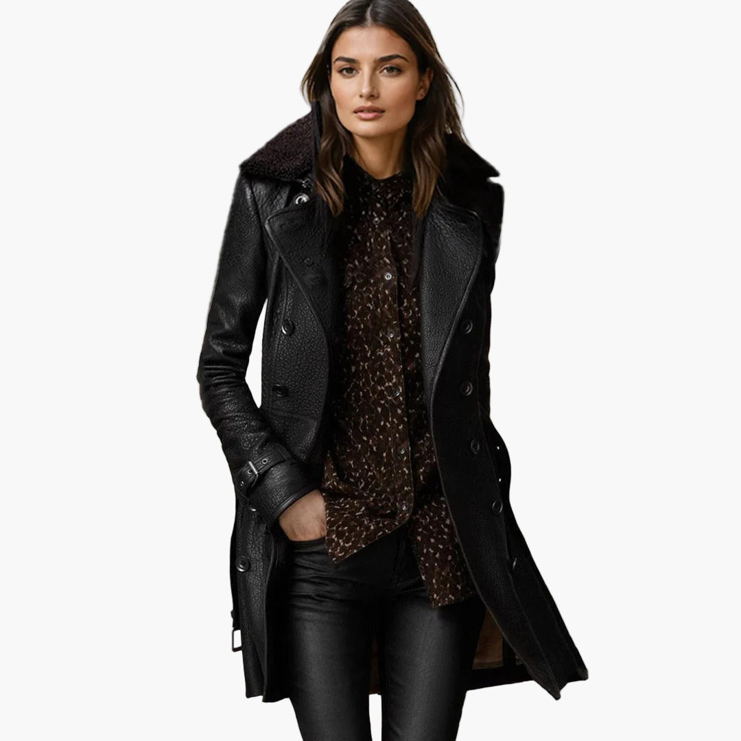 Women's Luxury Leather Trench Coat - Fashionable Long Jacket for Stylish Appearance