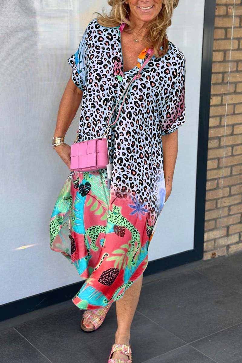 Women's Summer Midi Dress with Leopard Print and Tropical Motifs – Playful Beach Dress for Warm Days